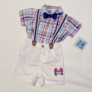 Little Lad Boy's Suspender White Shorts Pocket With Crab Plaid Shirt 18m